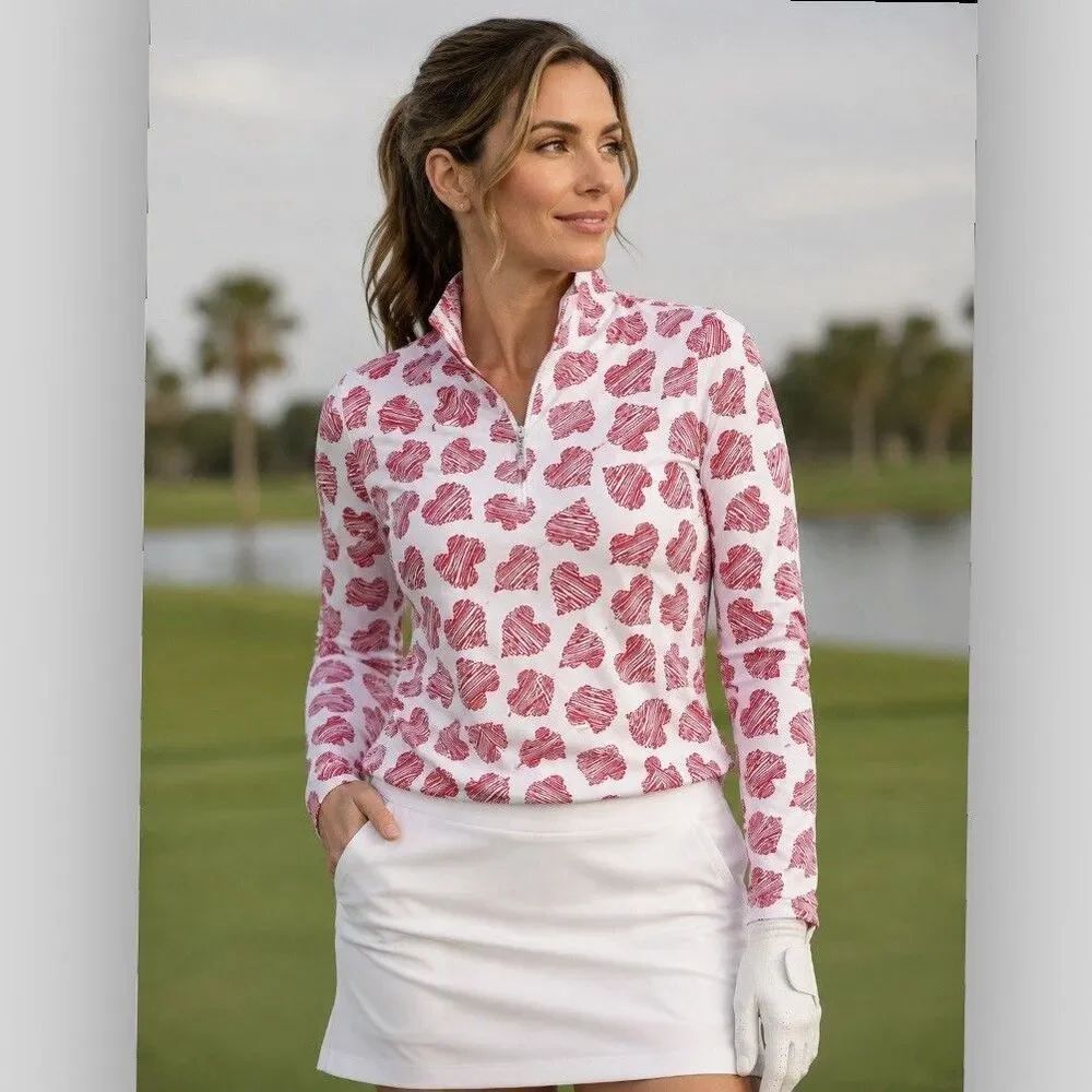 IBKUL Scribble Hearts Print Long Sleeve Zip Mock Neck Top XS Golf Tennis